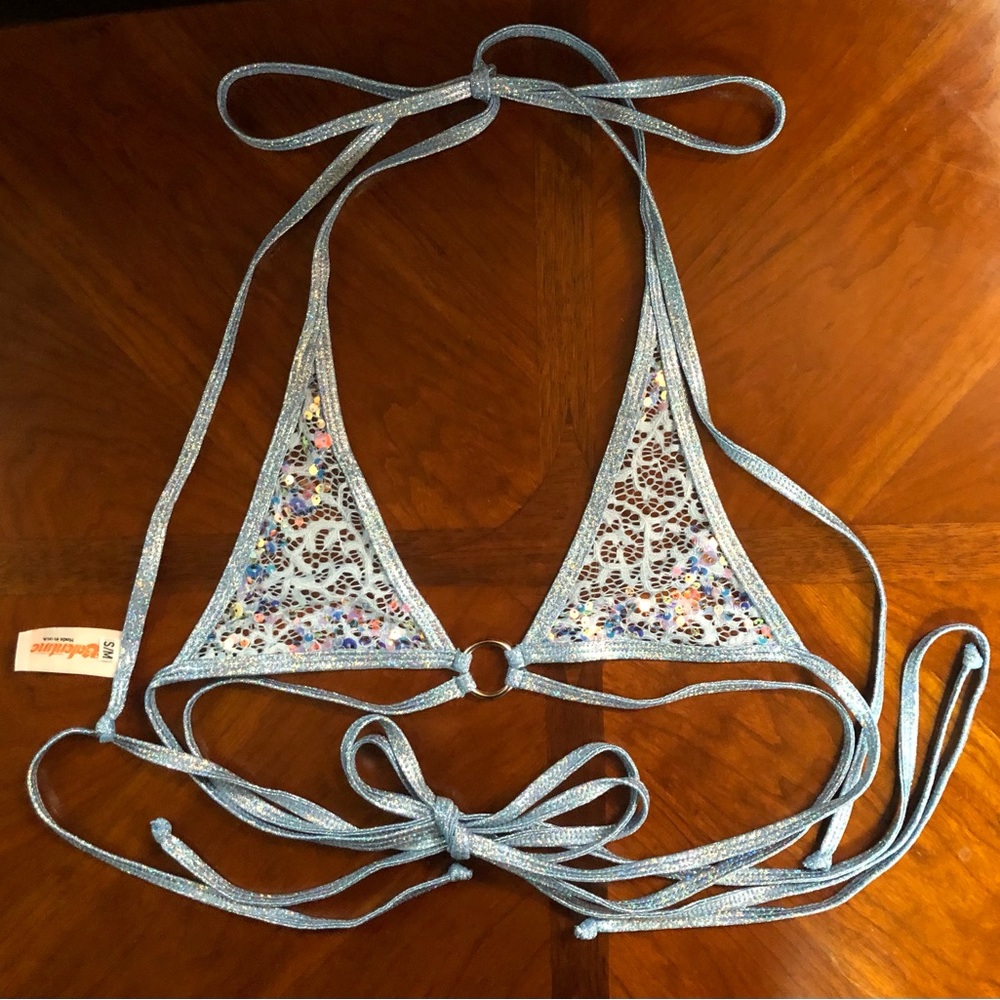 J. Valentine Blue/Aqua Lace Sequin Net Wrap Multi Strap Triangle Top